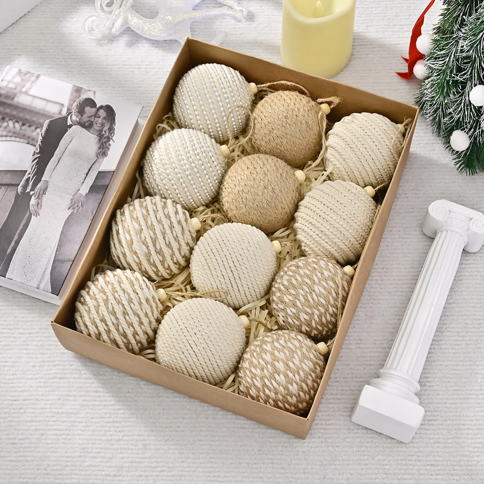 

12pcs 8cm Hemp Rope Christmas Ball Ornament Christmas Tree Foam Ball Ornament Christmas Decoration Gift Box Set