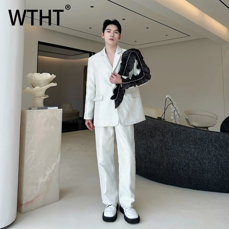 WTHT Fashion Men's Suit Spliced Lace Beads Design Blazer Coats High-waisted Loose Wide Leg Pants Set Male 2025 Autumn 2A1952
