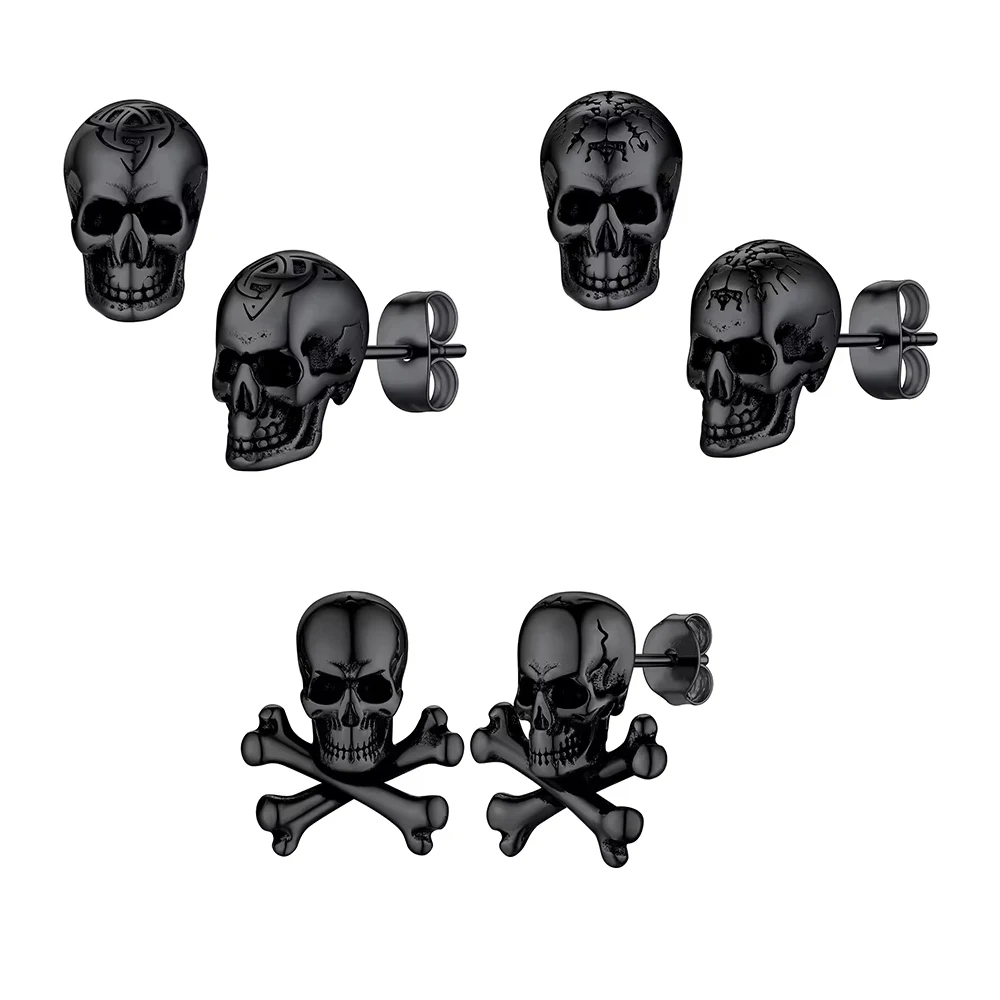 U7 Stainless Steel Multiple Styles Skull Stud Earrings Flame Cross Flower Vintage Retro Style Gothic Punk Unisex Jewelry Gift
