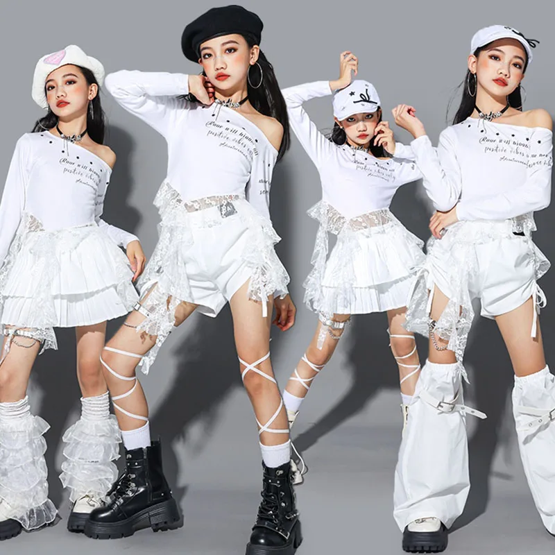 الأطفال ملابس رقص الجاز Kpop الزي الأبيض المحاصيل الأعلى كعكة تنورة المنصة تظهر موضة ملابس الفتيات الشارع ملابس الرقص AMY2624