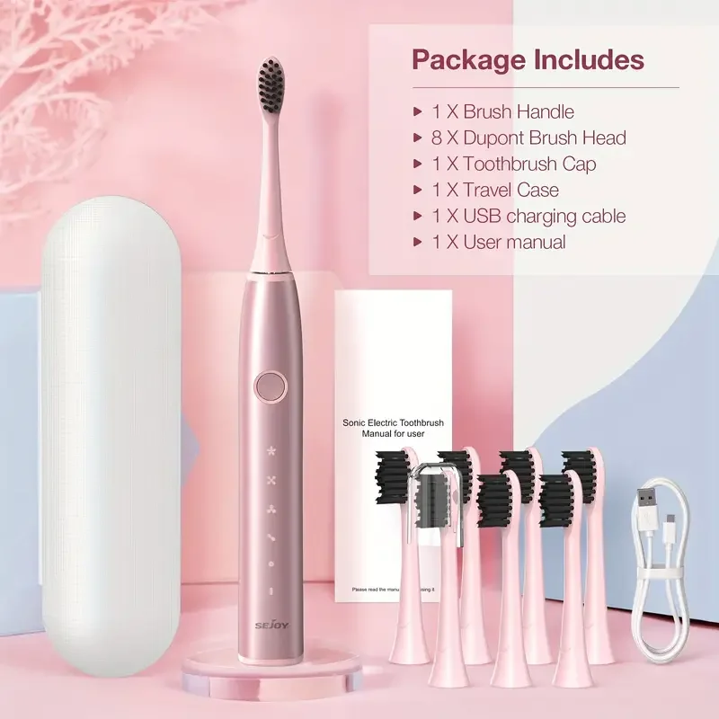 SEJOY Electric Toothbrush for Adults Rechargeable 5 Modes With 8 Replacement Brush Heads