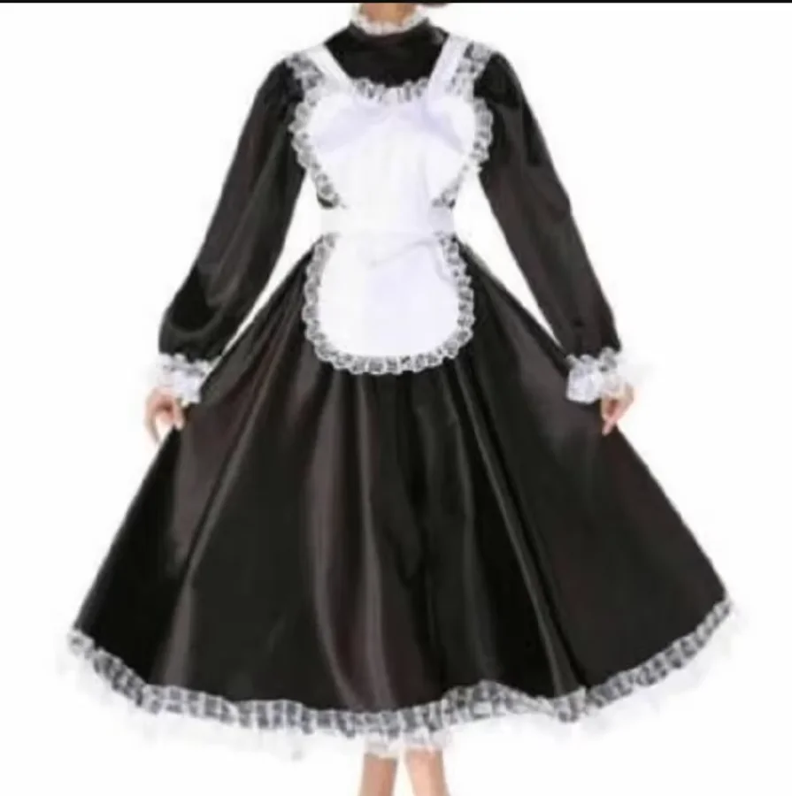 

Black Satin Long Sleeved Collar with Lace Inlay and Elastic Lace Cuffs Adult Giant Baby Sissy Independent Cross Apron Lace Up