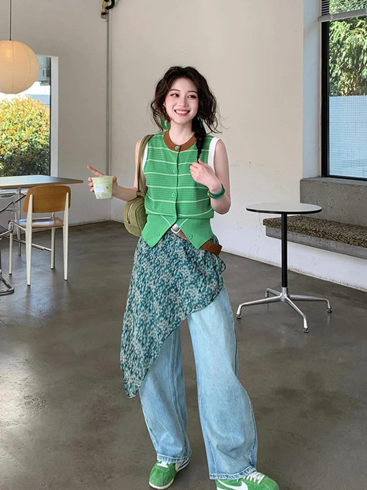 Slimming High Waist Knitted Vest Green Floral Jeans Three Piece Set Korean Style Commute Polka Dot Pattern Polyester Fabric