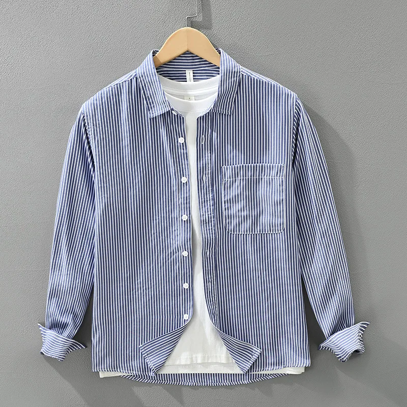 

Classic Japanese Stripe Long Sve Loose Men's irt Faionable Versatile Artistic Casual Cotton Top Open Cardigan Sle