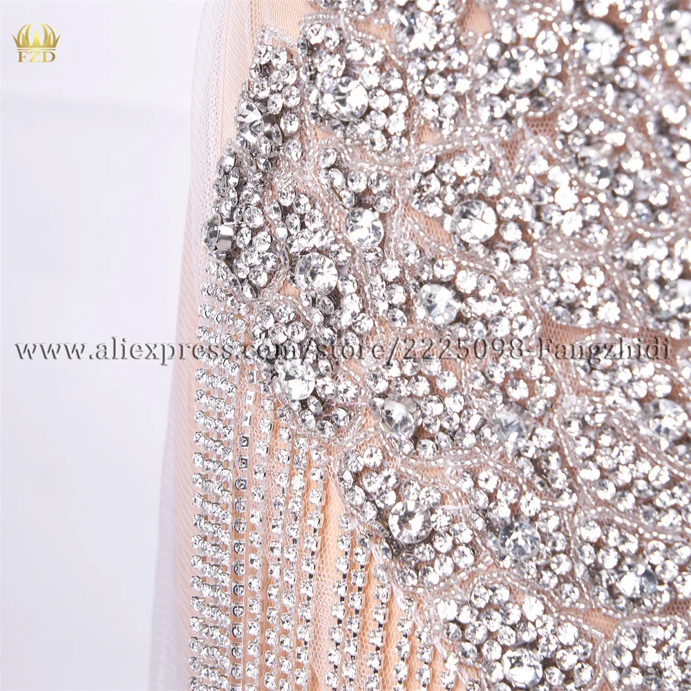 FZD Hand Sewn Rhinestone Crystal Bodice Patches 1 PCS Sliver Rhinestone for Wedding Party Dress Appliques Patch for Clothing