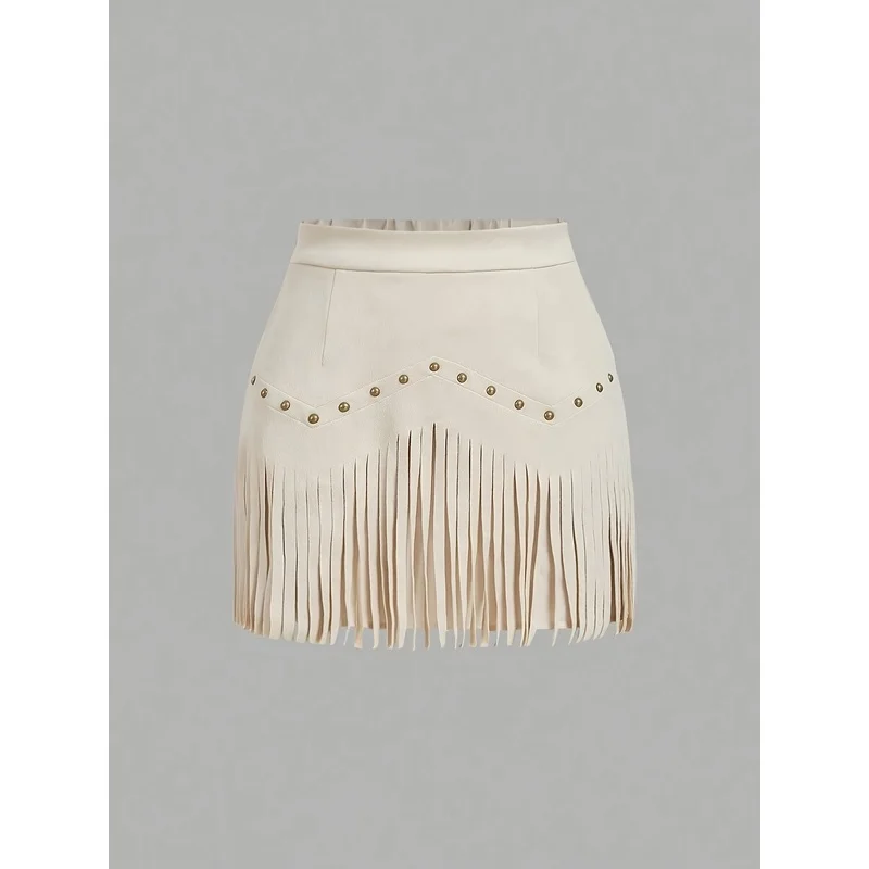 Women's Vintage Hippie Studded  Fringe Tassel Brown Faux A-Line Skirt Retro Rivet