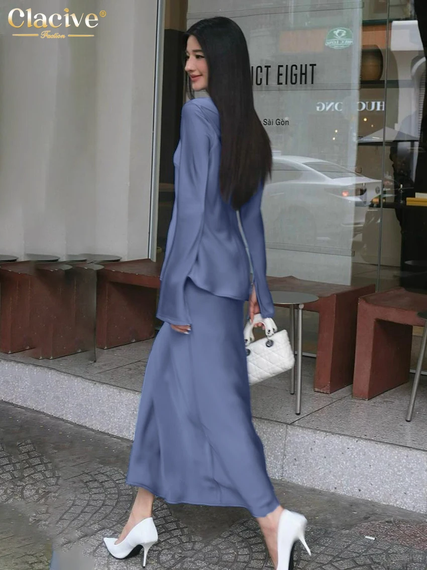 Clacive แฟชั่นหลวมสีฟ้าผู้หญิง 2 ชิ้นชุด 2025 เซ็กซี่เสื้อแขนยาวเอวสูงชุดกระโปรงยาวหญิง streetwear