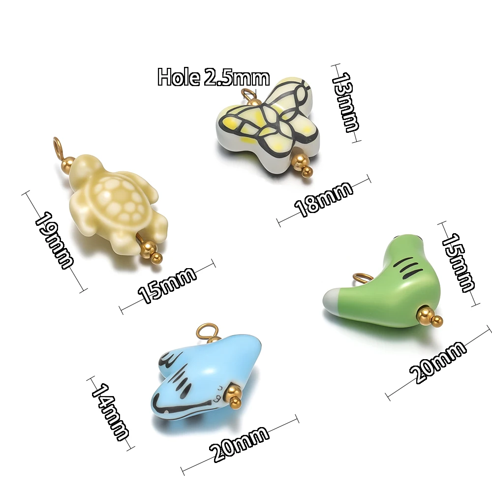 5 Stück Edelstahl-Perlenhaken mit Keramik-Anhängern in Form von Schildkröte, Vogel und Schmetterling für die Herstellung von Schmuck, DIY-Halsketten, Anhängern und Ohrringen – Detail 3