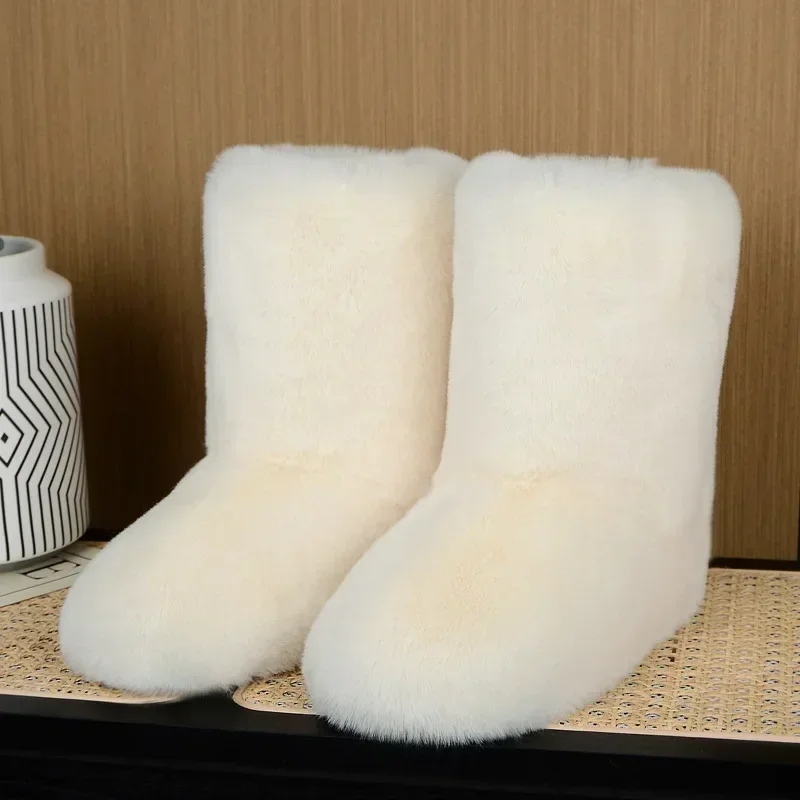 

Fashion Fuzzy Boots 2025 Women Furry Shoes Fluffy Fur Snow Boots Plush Lining Slip-on Rubber Flat Outdoor Bowtie Warm Footwear