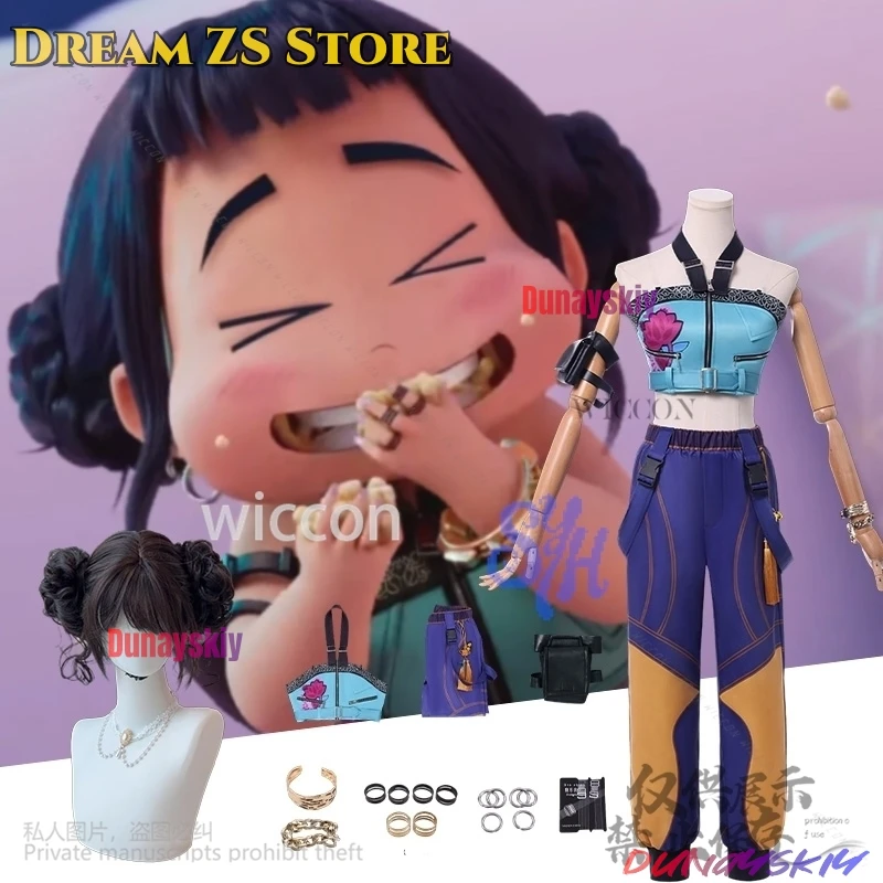 Аниме Demon Huntrix Косплей Zoey Kawaii Корея Девушки Y2K Идол Сценическая форма для девочек Группы Сексуальный топ Брюки Парик Серьги Хэллоуин
