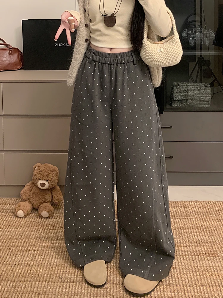 

Широкие брюки в горошек, женские милые повседневные прямые брюки с высокой талией в консервативном стиле, женские корейские универсальные спортивные брюки Scimitar