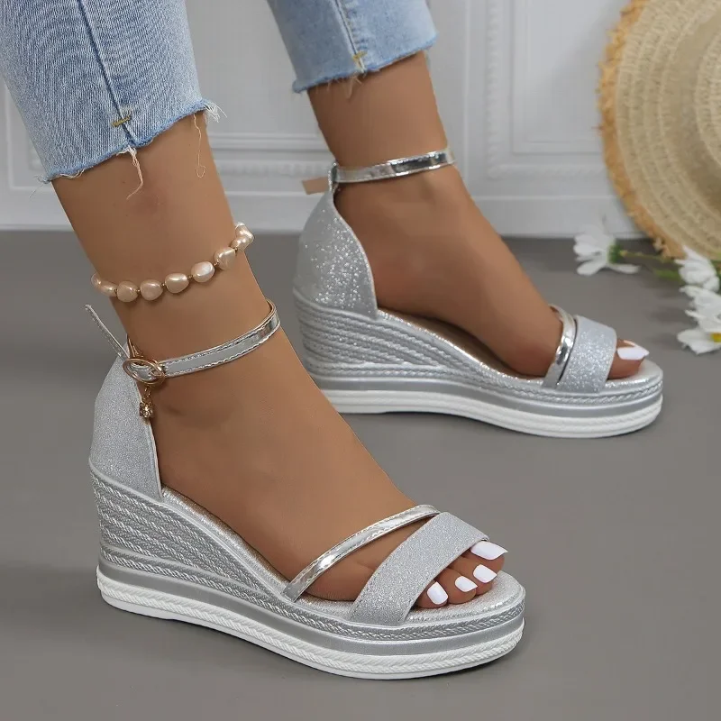 Large slope heel sandals with thick sole, fish mouth, one line buckle, rhinestone bag, and sandals for women