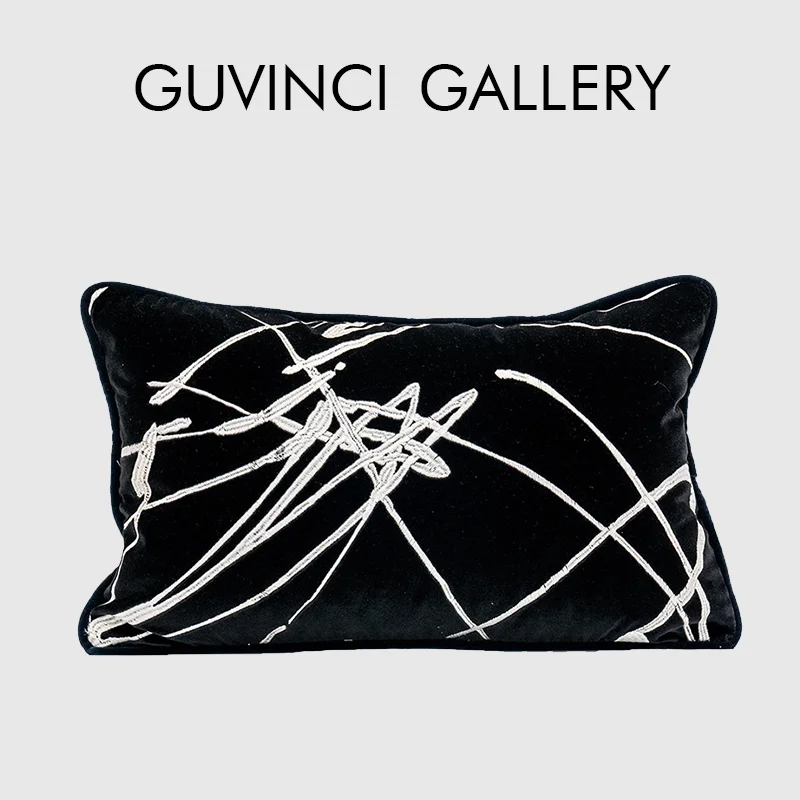 GUVINCI Art Graffiti Lines Embroidered Lumbar Pillowcase Modern Simplicity Black And White Velvet Textured Cushion Cover 30x50cm