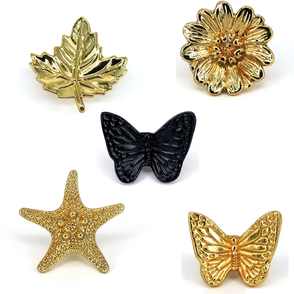 Zinc Alloy Cabinet Knob With A Hole Golden Leaves Butterflies Flowers Starfish Black Butterflies