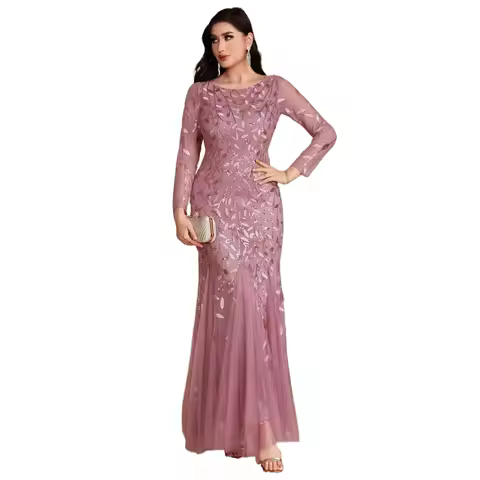Elegant Sequined Long Formal Evening Party Mermaid Dress With Long Sleeves
