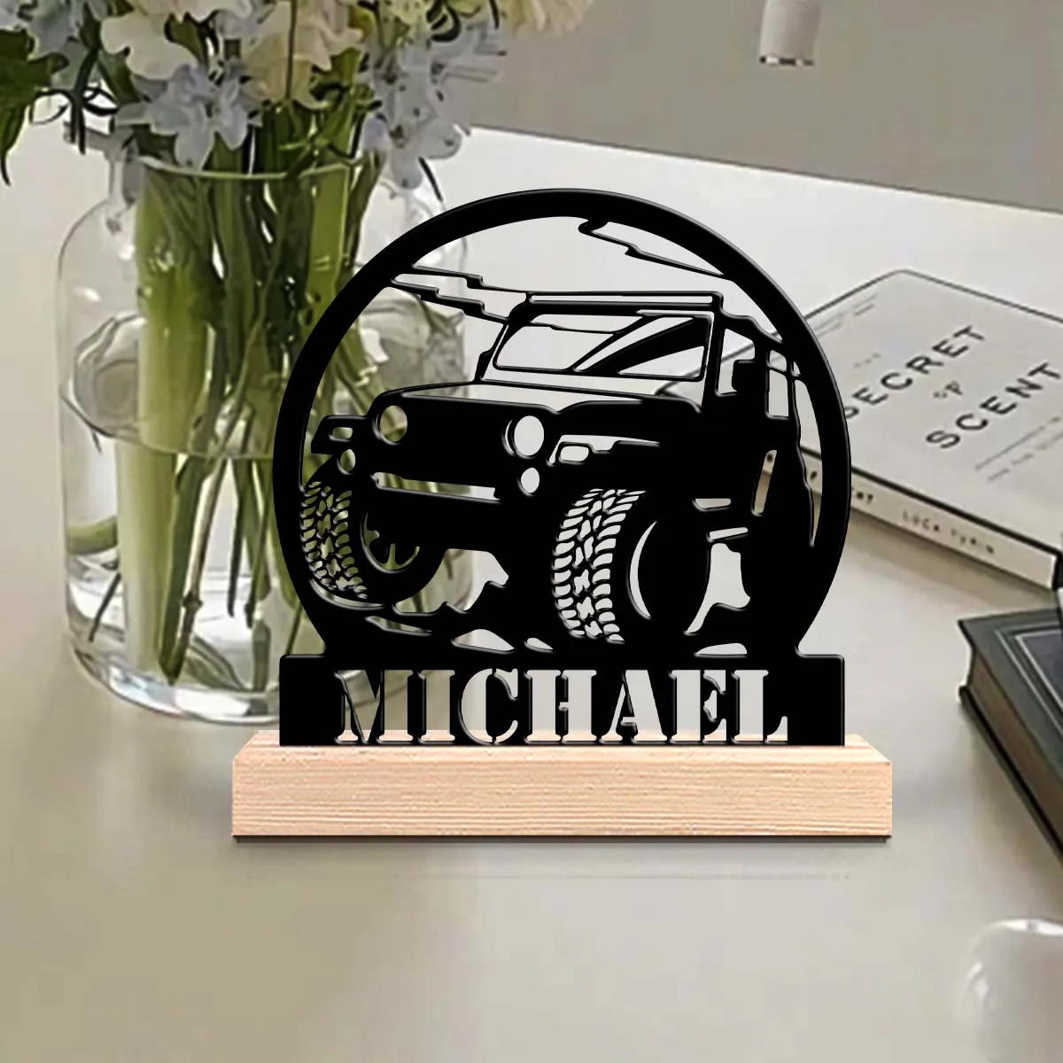 1pc Customized Wrought Iron Desktop Ornaments Customizable Content Equipped with A Wooden Base Bar Decoration, Holiday Gifts