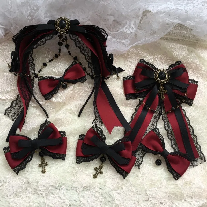 lolita accessories black wine red bow hairpin gothic headgear gothic style KC Lolita hair accessories