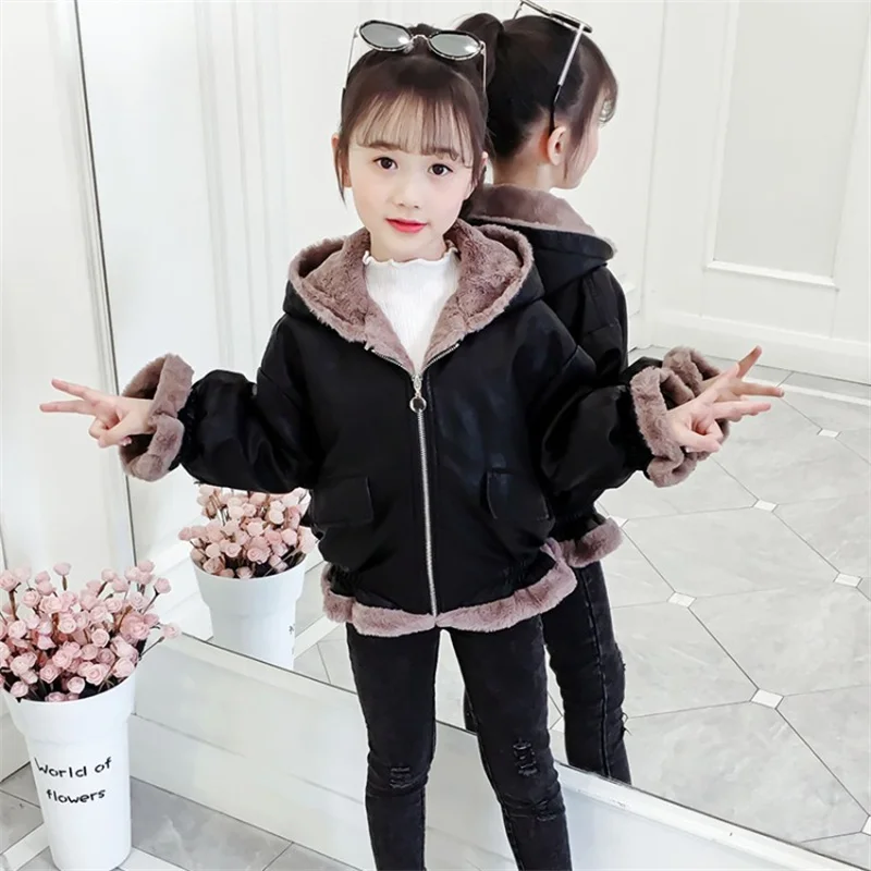 Girls Coat Jacket Cotton Outwear Tops 2022 Black Warm Thicken Plus Velvet Winter Autumn Teenager Furs Sport Birthday Gift Childr