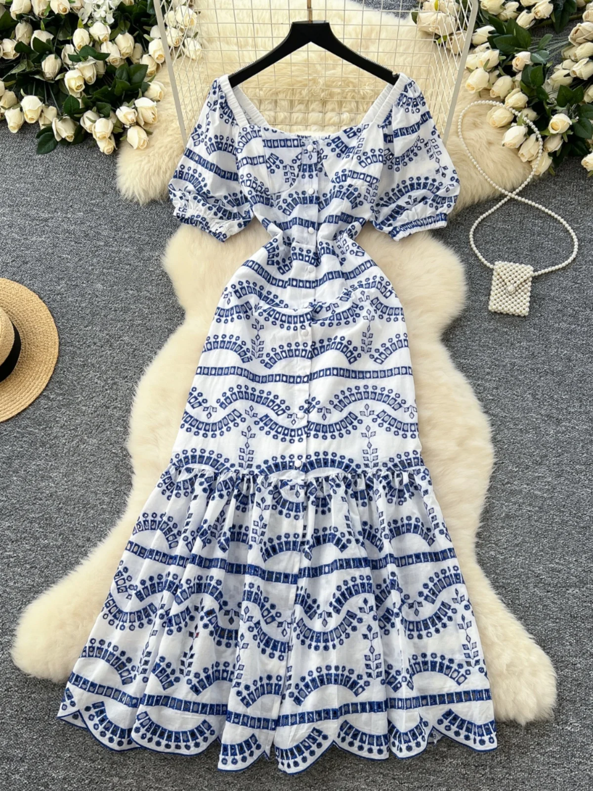 

Ele High Waist Hollow out Embroidered Dr Women's Bubble Sve Square Collar Long Skirt Korean Sle Spring Autumn