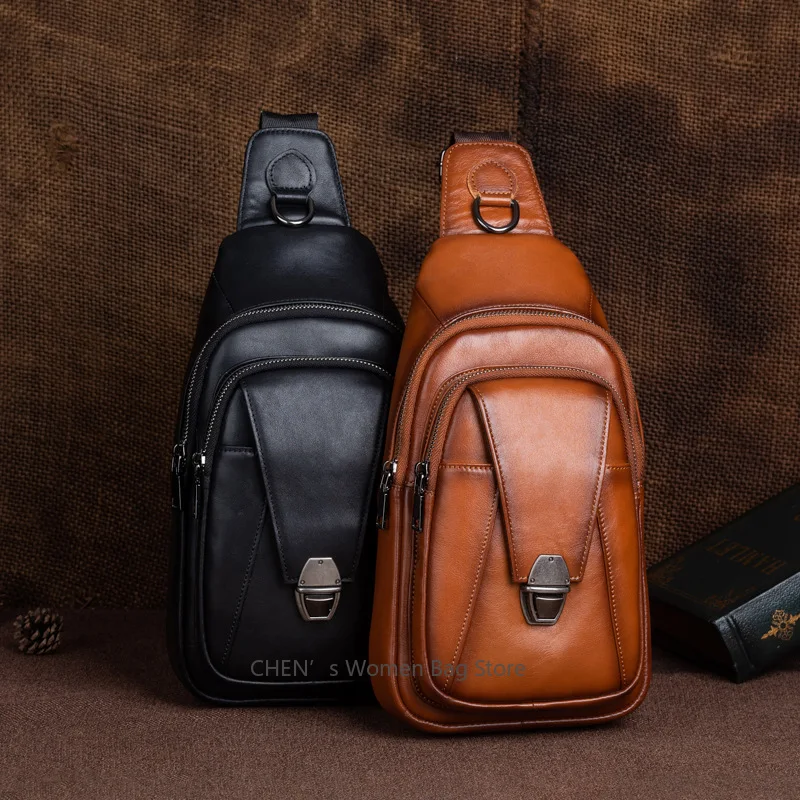 

Cowhide Leather Solid Color Men's Chest Bag Shoulder Bags Crossbody Bags Bolsos Para Hombre Bag for Man Mochilas De Hombre