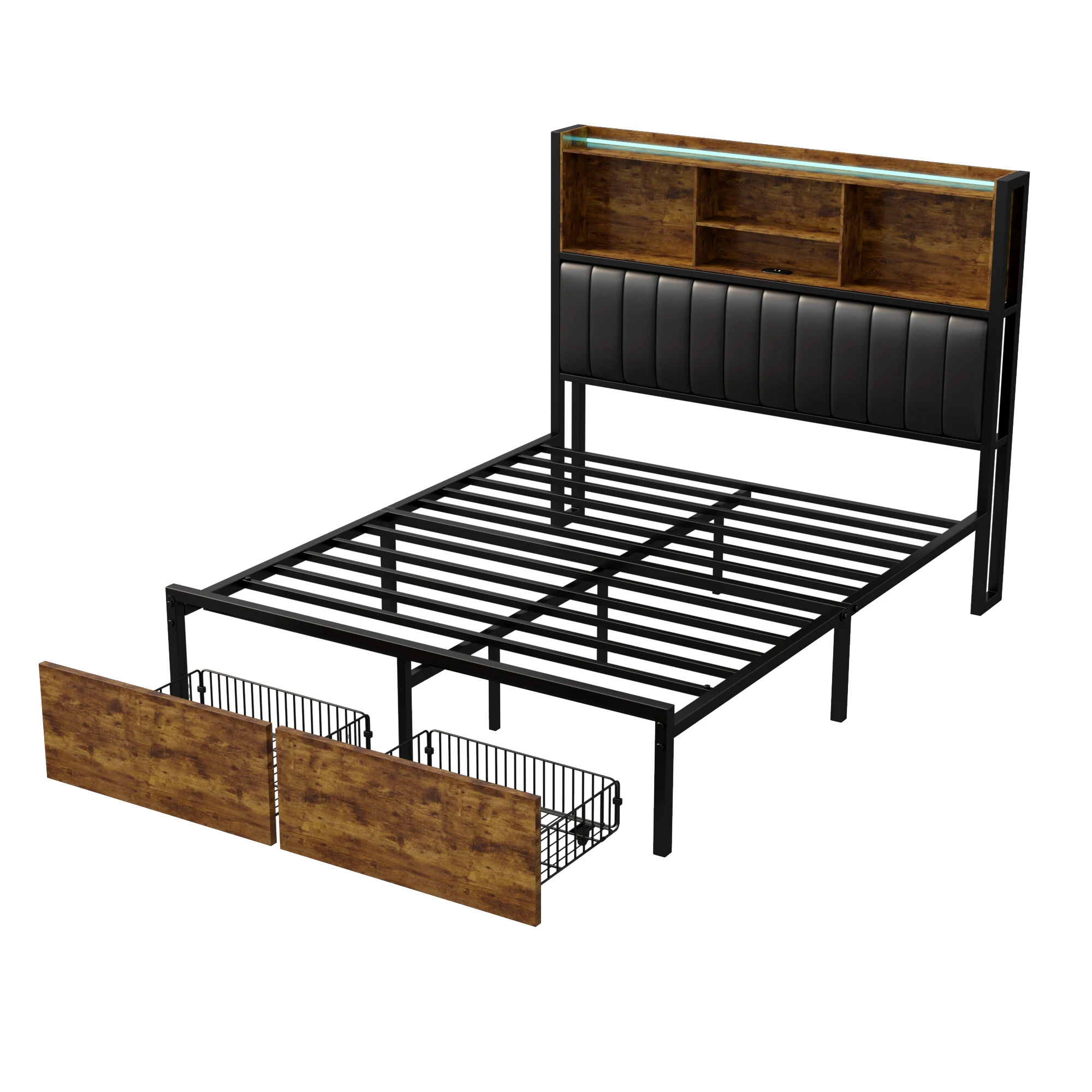 Superaly 140x200cm gestoffeerd tweepersoonsbed, jeugdbed, multifunctioneel bed met LED-verlichting, met lades en USB-oplader, PU