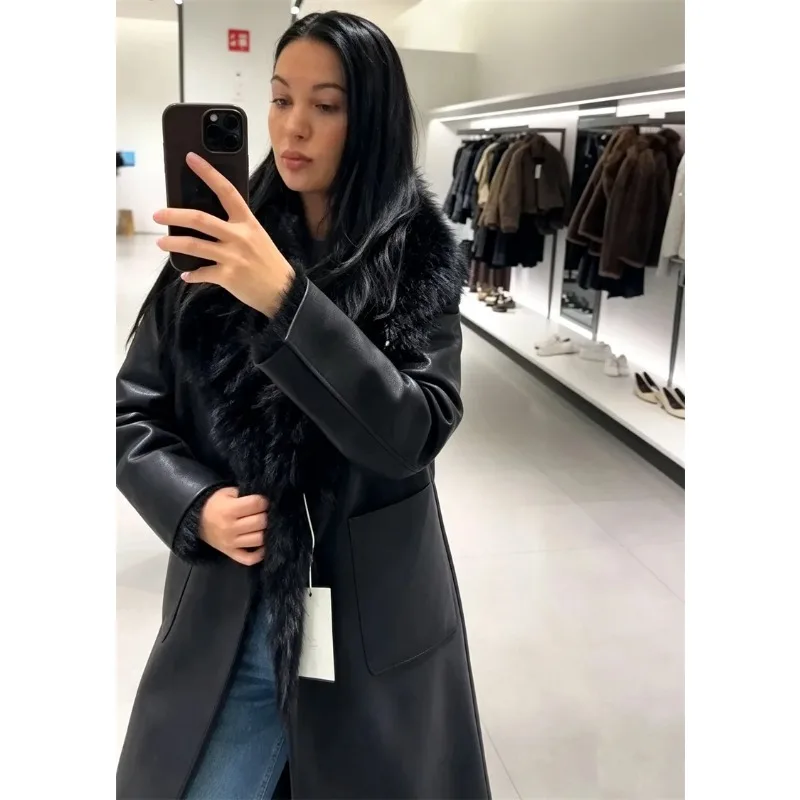 Guobioziy 2026 Women's Elegant Versatile Long Reversible Faux Fur Shearling Jacket European American Style Winter Coat