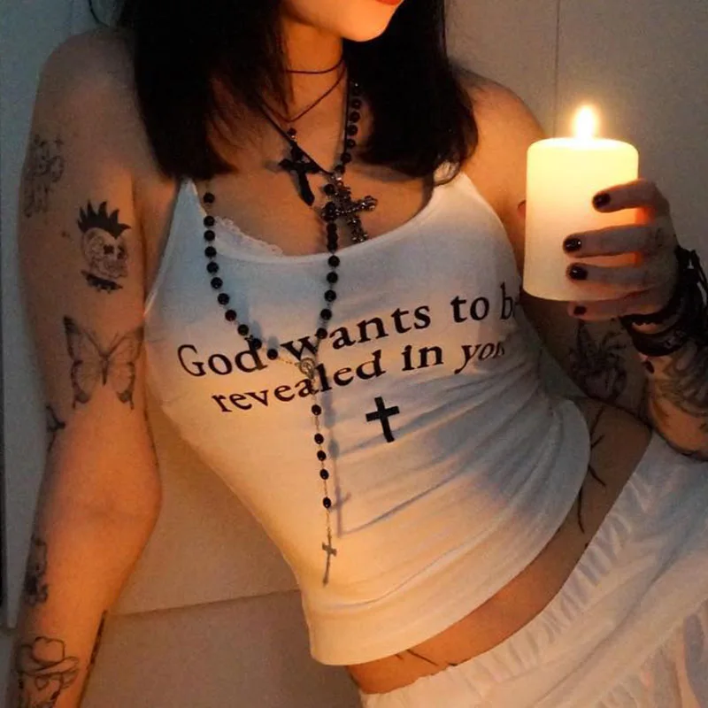 God Wants To Be Revealed In You Print Sexy Sleeveless Backless Crop Top Camisole