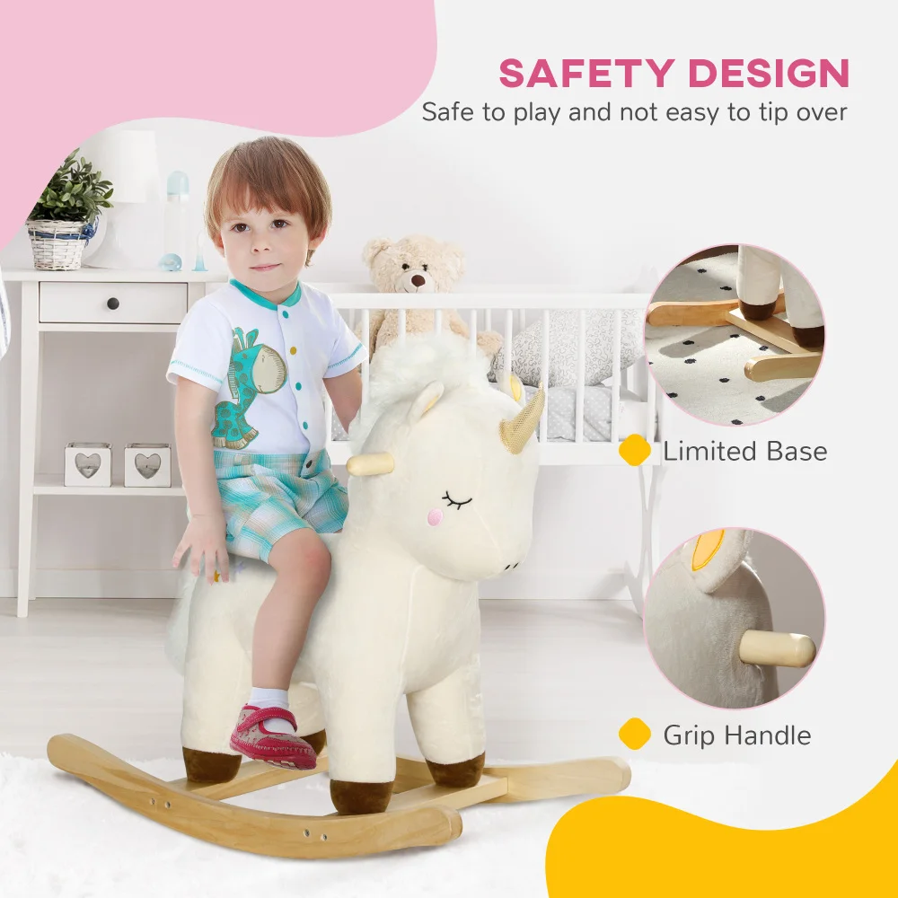 Caballo mecedora, paseo de peluche en unicornio con sonido realista, base de madera, mecedora para niños pequeños de 2 a 4 años, blanco