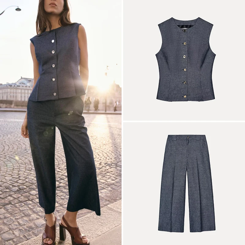 

Summer 2025 Women's Faion Set Polyester Fiber High Waist Wide Leg Pants Pleated Vest Z Brand New Arrival