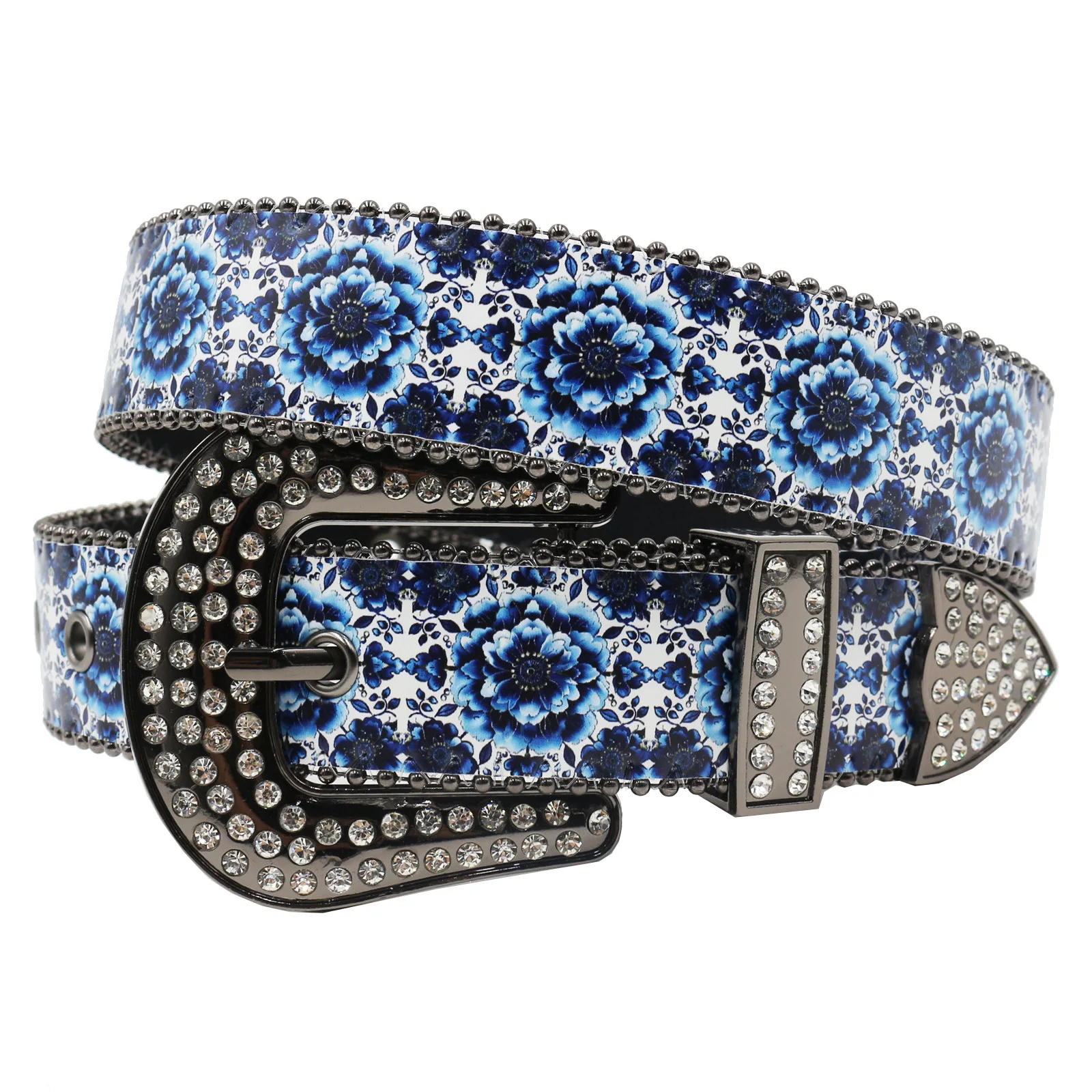 Chinese Style Blue and White Porcelain Printing Waist Belts for Women Rhinestone Buckle 115Cm Jeans Belts PU Rivets Ceinture