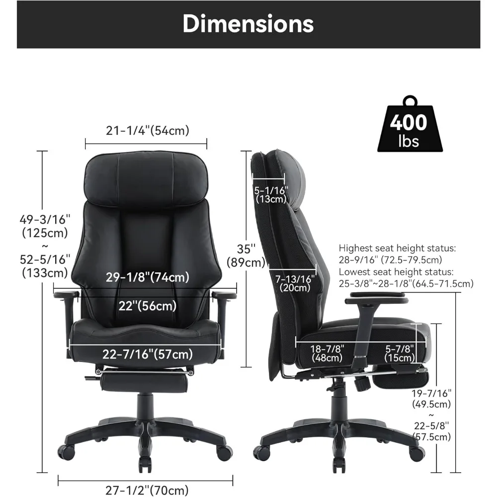 Silla de oficina grande y alta de 400 libras, silla de oficina ejecutiva con reposapiés, silla de oficina de espalda alta con soporte trasero.