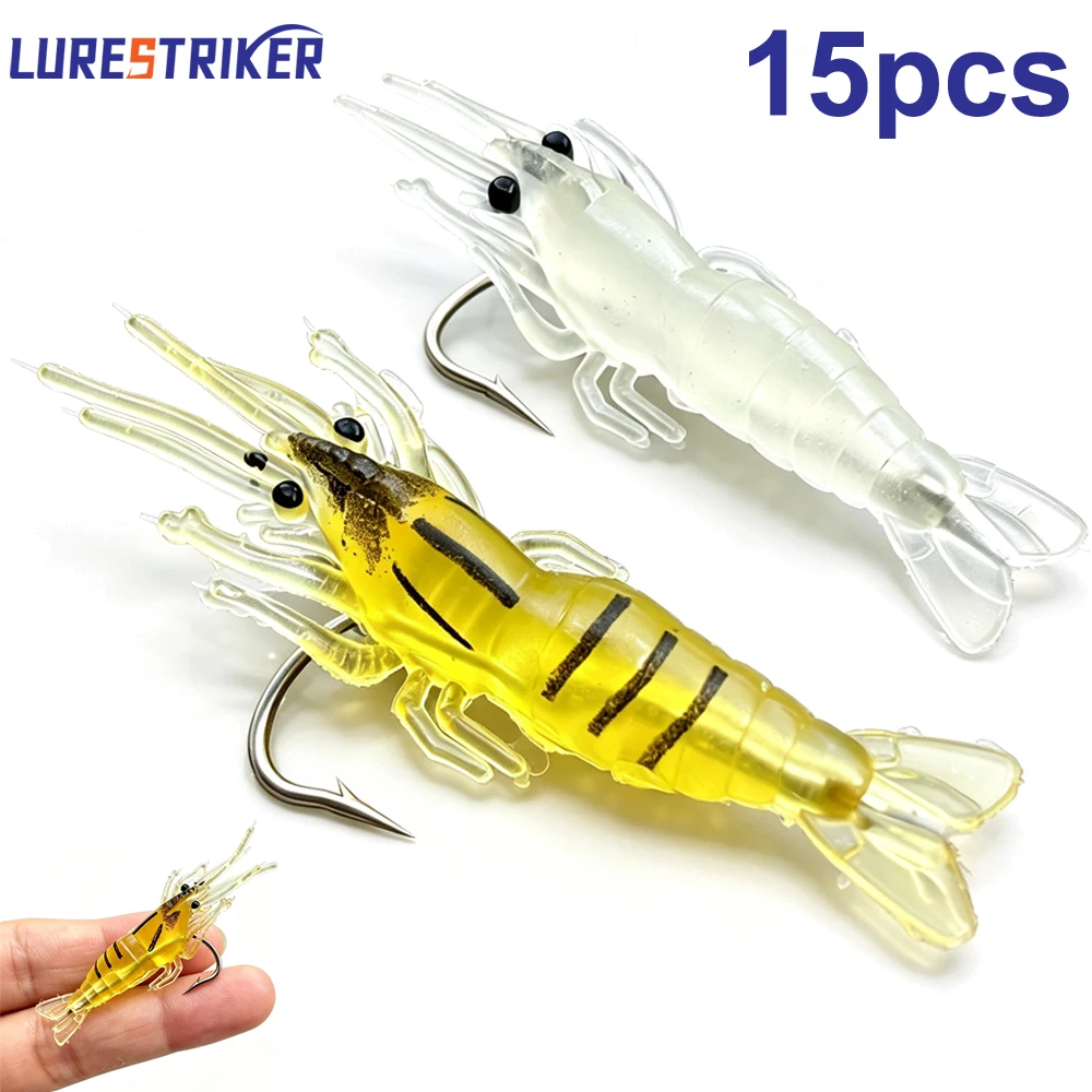 15Pcs/Box 4.5cm Shrimp Lures Soft Shrimp Fishing Lures For Freshwater Saltwater Luminous Shrimp Bait Set With Sharp Hook Bead