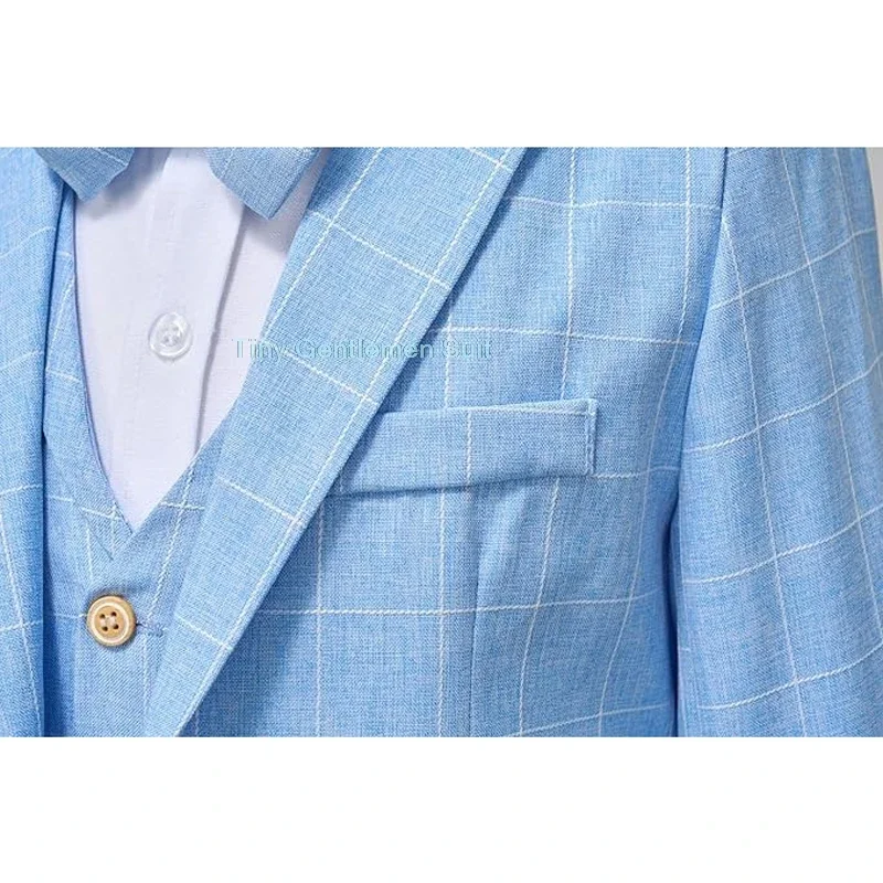 Boys Summer Blue Plaid Suit Set Child Gentleman Piano Host Performance Photography Costume Kids Blazer Pants Vest Bowtie Outfit