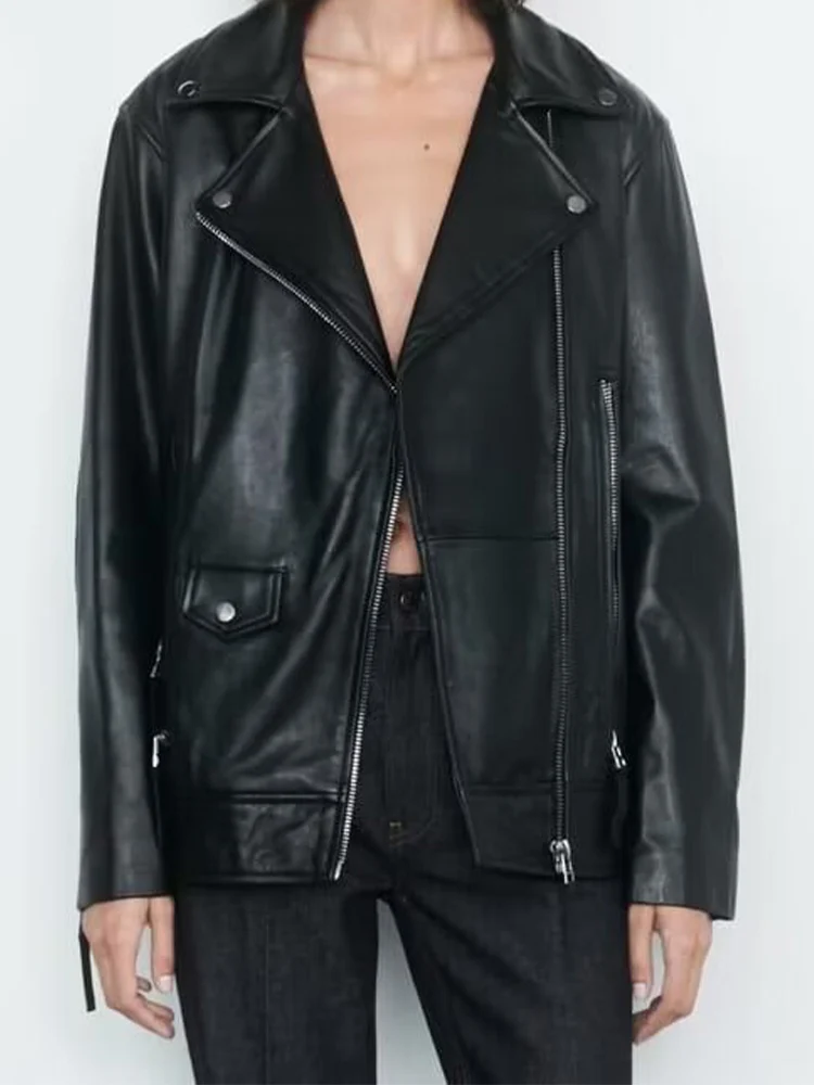 

Black pu leather jacket for women 2024 new hot style mid-length casual loose bf motorcycle leather jacket