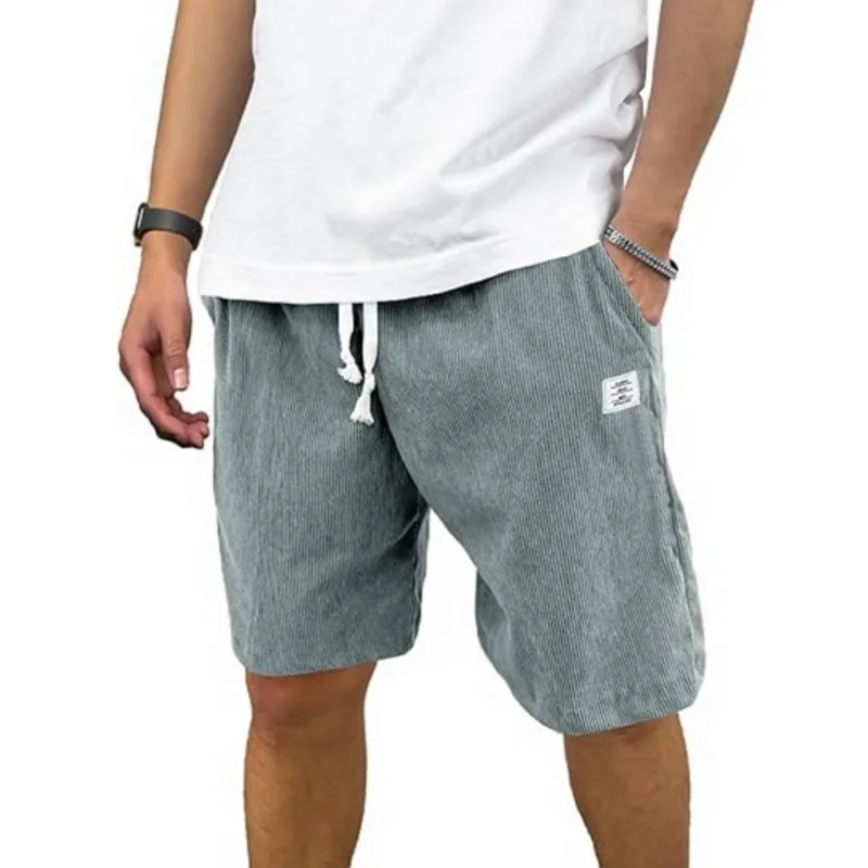 2025 Summer men's new fashion corduroy sports shorts Solid color with label simple quarter casual loose basketball shorts