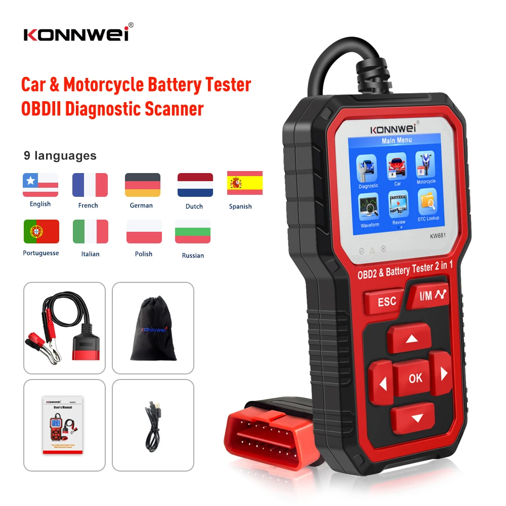 

KONNWEI KW681 Car Battery Tester 6V 12V Scanner Tool 2 in 1 OBD2 Scanner Full OBD 2 Functions Support 9 Languages KW208/KW650