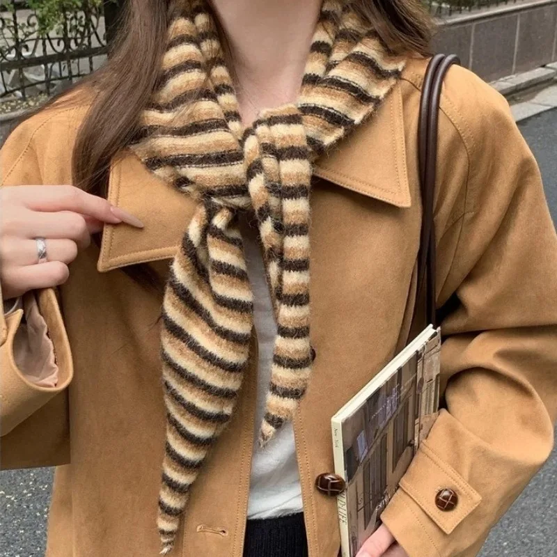 Women Striped Knitted Triangle Scarf, Warm Neck Wrap Small Shoulder Shawl, Versatile Accessory for Autumn Winter Daily Outfit