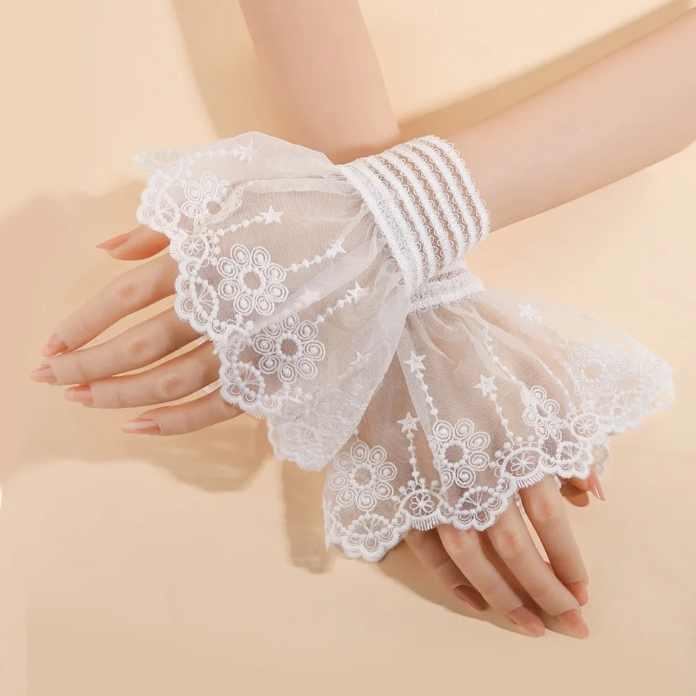 

Cute Double Layer Lace Fake Cuffs Pleated Polka Dot Elastic Sleeve Cuffs Flower Detachable False Cuff Sleeve Shirt Decoration