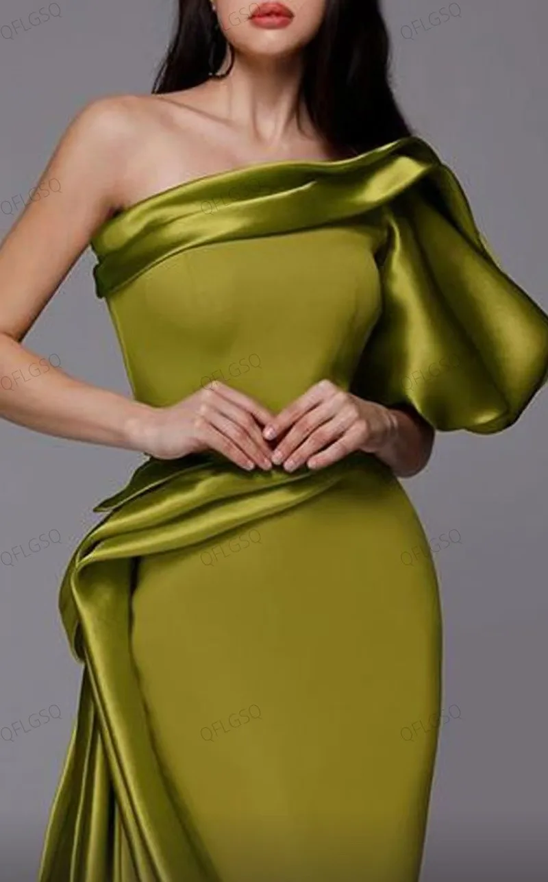 Dubai Designed Long Women Dresses One Shoulder Layered Off Shoulder Maxi Dresses Long Olive Green Mermaid Prom Gowns To Party