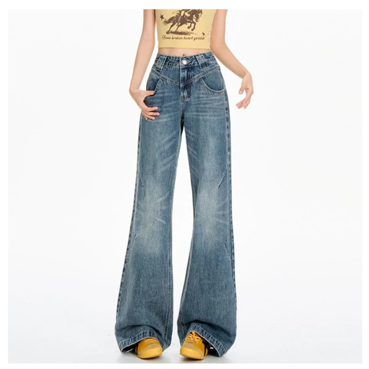 

Women's Fashionable Moderate-Waisted Bootcut Jeans American Retro Horse Hoof Pants Slim Fit Commuting Trousers