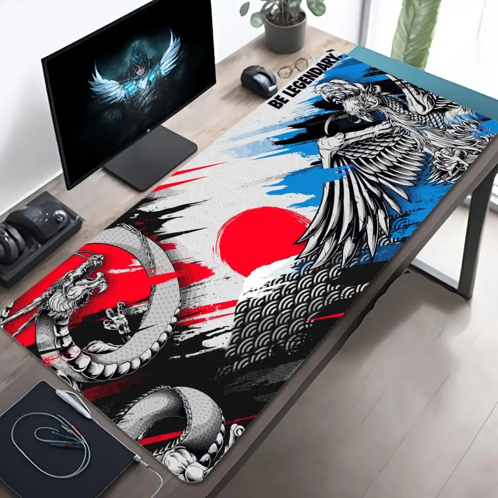 Japanese Dragon Phoenix XL Gaming Mouse Pad Oriental Tiger Dragon Deskmat Non-Slip Rubber Keyboard Mat Asian Art Gamer Mousepads