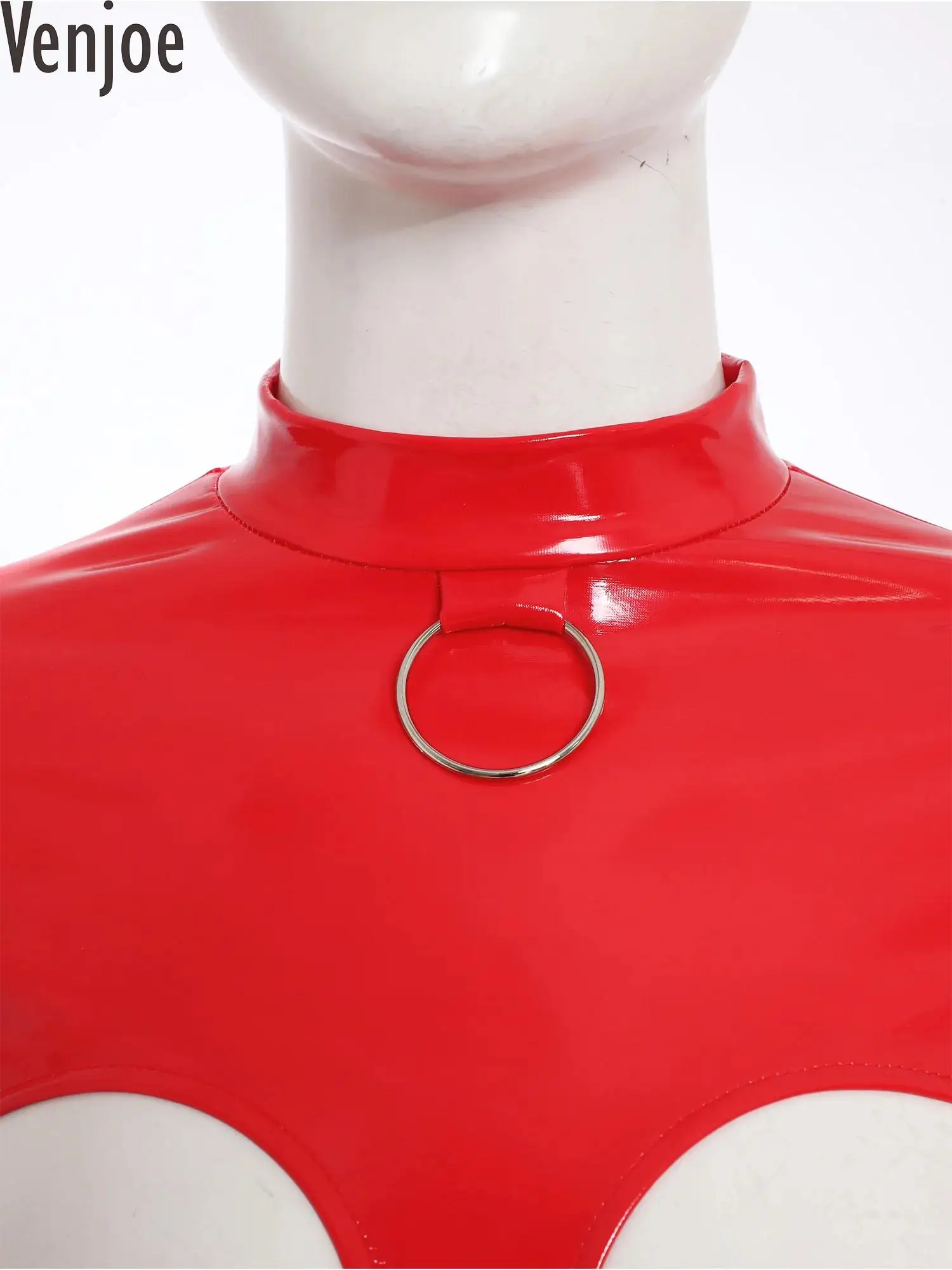 

Womens Shiny Leather Club Rompers Hollow Out Open Cups Crotchless Mock Neck Bodysuit with O-ring Long Sleeve Back Zip Jumpsuit