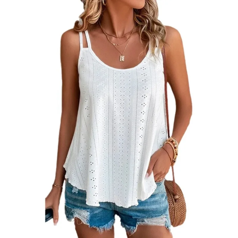 Summer Hollowed Out Besign Embroidered Decoration O-shaped Collar Sleeveless Casual Loose Top Women\'s Camisole Vest