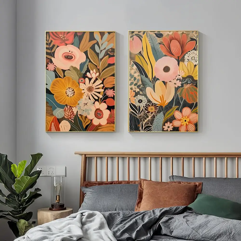 Bohemian Flower Bouquet Stickers Printing Mid-century Clever Floral Plant Wall Art Posters for Modern Living Room Home Decor