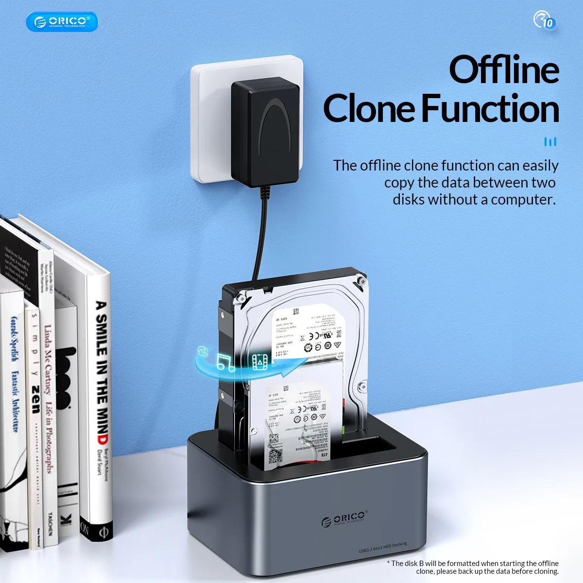 Imagem -02 - Orico-estação de Disco Rígido de Baía Dupla de Alumínio com Clone Offline Caixa Hdd Dissipação de Calor Mais Forte Tipo-c 10gbps 2.5 3.5