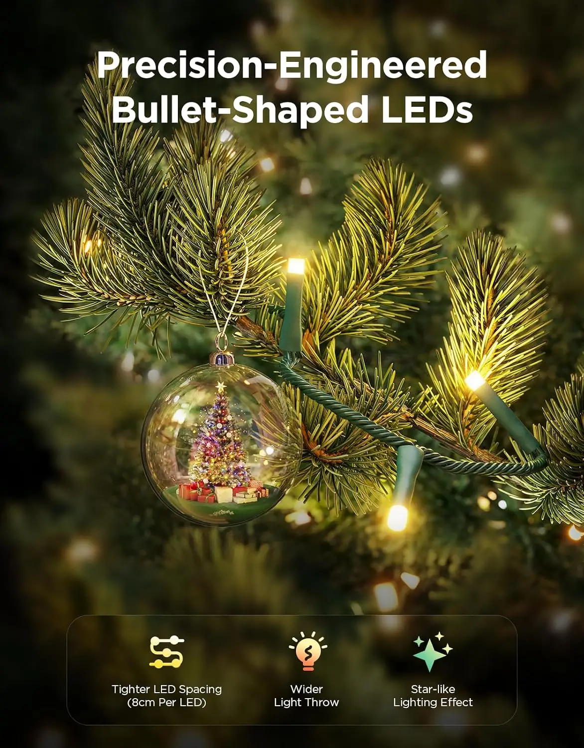 66ft Christmas Sparkling String Lights with 250 Bullet-Head LEDs, Holiday Decorative Lighting