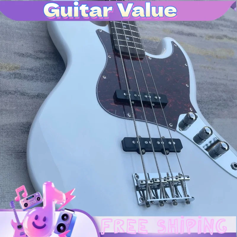 4 String Bass Electric Guitar Gloss White Offset Double Cut Tortoise Shell Pickguard Dual Single Coil Pickups Free Shipping