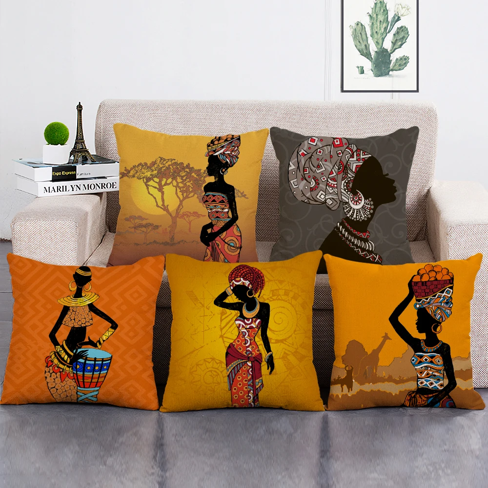 

African Ethnic Woman Print Cushion Cover African Girl Decorative Throw Pillow Case for Home Sofa Decor