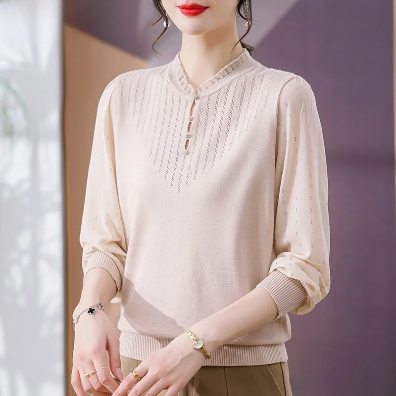 

Весенняя модная вязаная футболка с длинным рукавом для женщин среднего возраста, из полиэфирного волокна, свободного кроя, брендовый топ