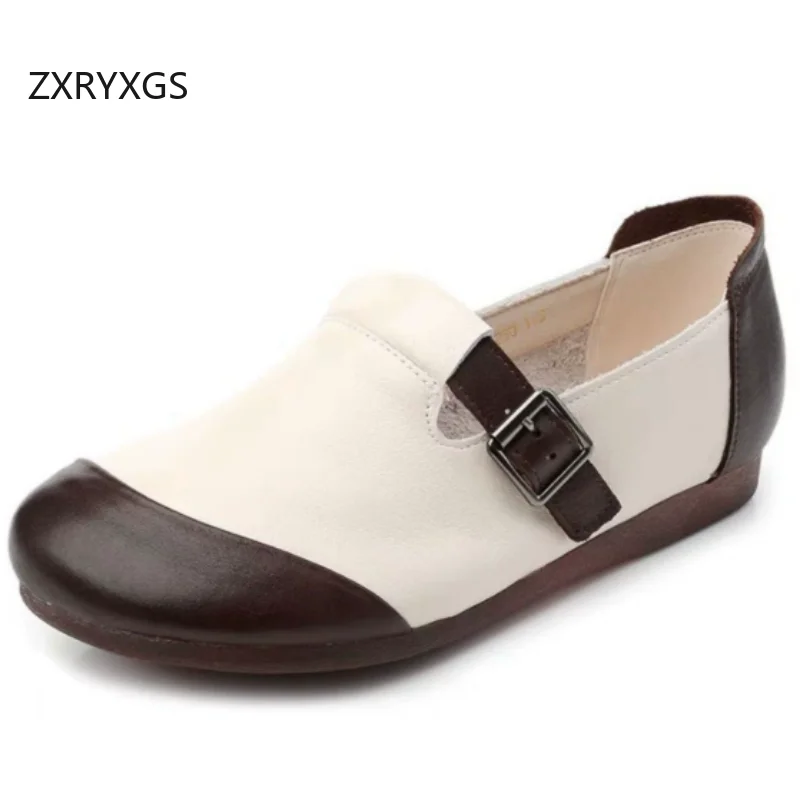 ZXRYXGS New Trendy Genuine Leather Spel Color Women's Flat Shoes Casual Sneakers New 2026 Breathable Hollow Comfort Soft Flats